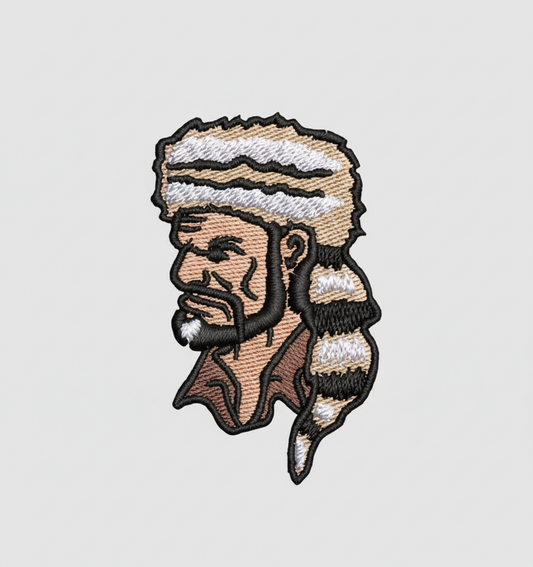 Embroidered patch of a Native American chief on a grid background
