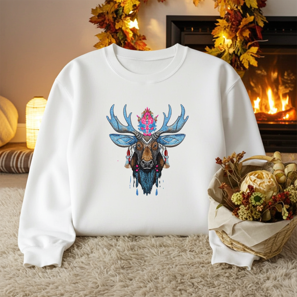 
White sweatshirt displayed indoors near fireplace, featuring vibrant blue antler moose embroidery with pink and brown details, accompanied by a basket of dried flowers on plush carpet