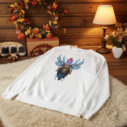 
White sweatshirt displayed indoors near fireplace, featuring vibrant blue antler moose embroidery with pink and brown details, accompanied by a basket of dried flowers on plush carpet