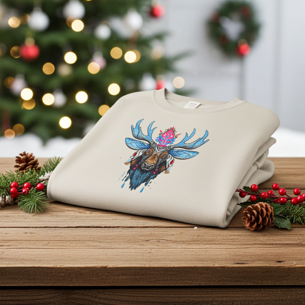 Mint Green sweatshirt folded on wooden table with vibrant blue antler moose embroidery featuring pink and brown details, holiday decorations and blurred Christmas tree in background 