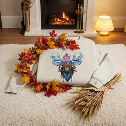 Mint green sweatshirt displayed indoors near fireplace, featuring vibrant blue antler moose embroidery with pink and brown accents, decorated with autumn leaves and a colorful flower bouquet on soft carpet