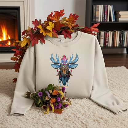 Mint green sweatshirt displayed indoors near fireplace, featuring vibrant blue antler moose embroidery with pink and brown accents, decorated with autumn leaves and a colorful flower bouquet on soft carpet