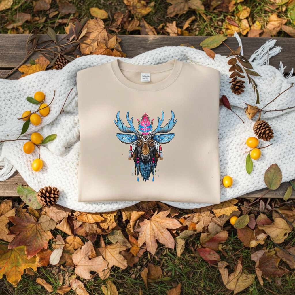 Soft beige sweatshirt folded on knitted white blanket outdoors, featuring vibrant blue antler moose embroidery with pink accents, surrounded by autumn leaves, pinecones, and yellow berries on wooden bench