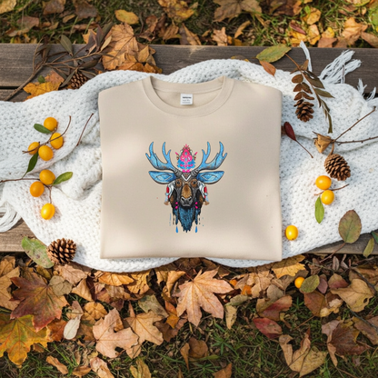 Soft beige sweatshirt folded on knitted white blanket outdoors, featuring vibrant blue antler moose embroidery with pink accents, surrounded by autumn leaves, pinecones, and yellow berries on wooden bench