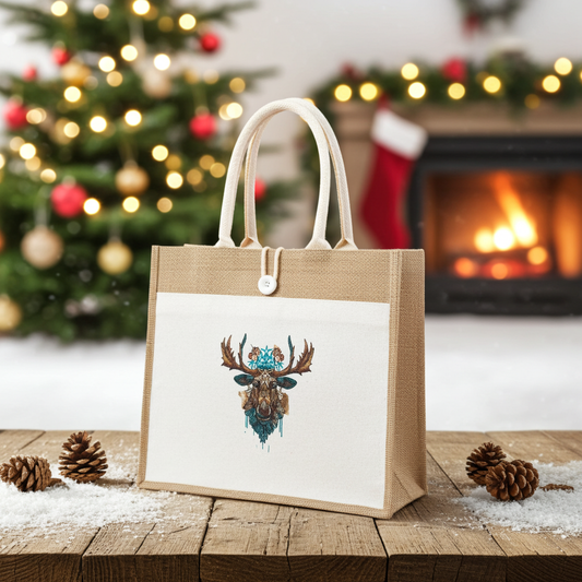 Natural jute tote handbag featuring a Nordic moose with antlers embroidery design, styled on a wooden table with pinecones and a blurred Christmas tree in the background.