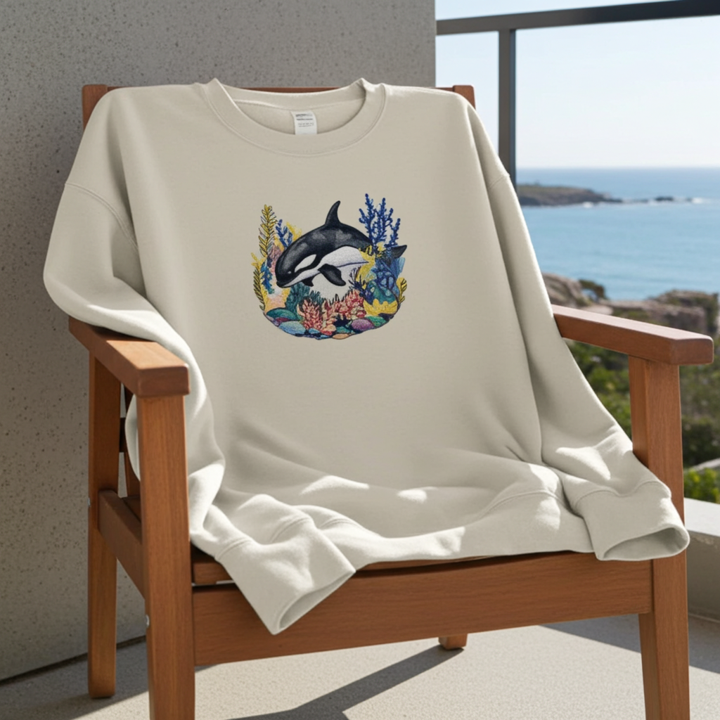 Light beige unisex crewneck sweatshirt with orca and coral circle embroidery design, styled on wooden chair with ocean view background.
