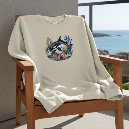 Light beige unisex crewneck sweatshirt with orca and coral circle embroidery design, styled on wooden chair with ocean view background.
