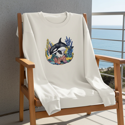 Mint Green  unisex crewneck sweatshirt with orca and coral circle embroidery design, styled on wooden chair with ocean view background.
