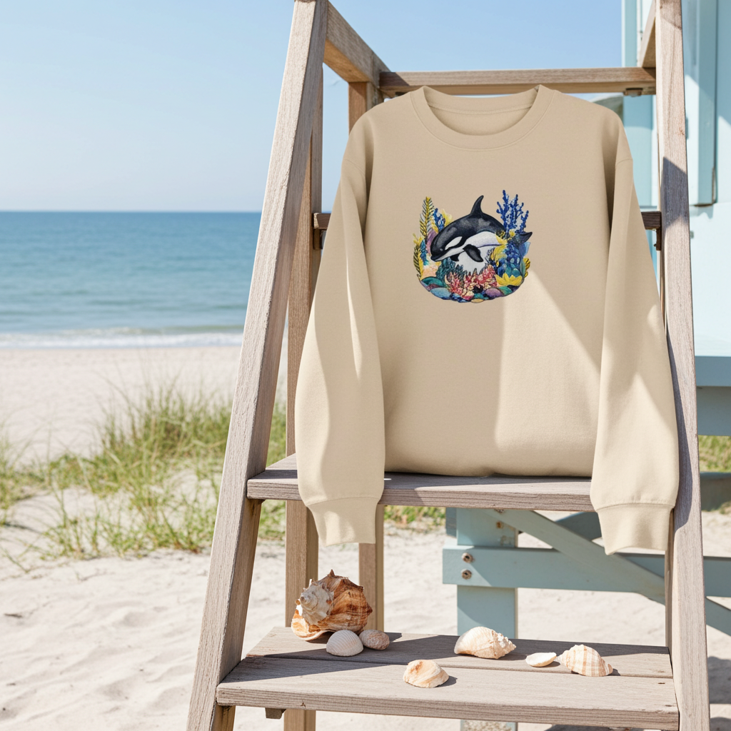 Beige unisex crewneck sweatshirt with orca and coral embroidery design, displayed on wooden ladder at the beach with ocean in background.