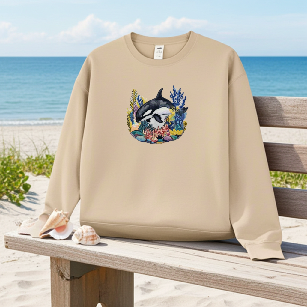 Beige unisex crewneck sweatshirt with orca and coral embroidery design, displayed on wooden ladder at the beach with ocean in background.