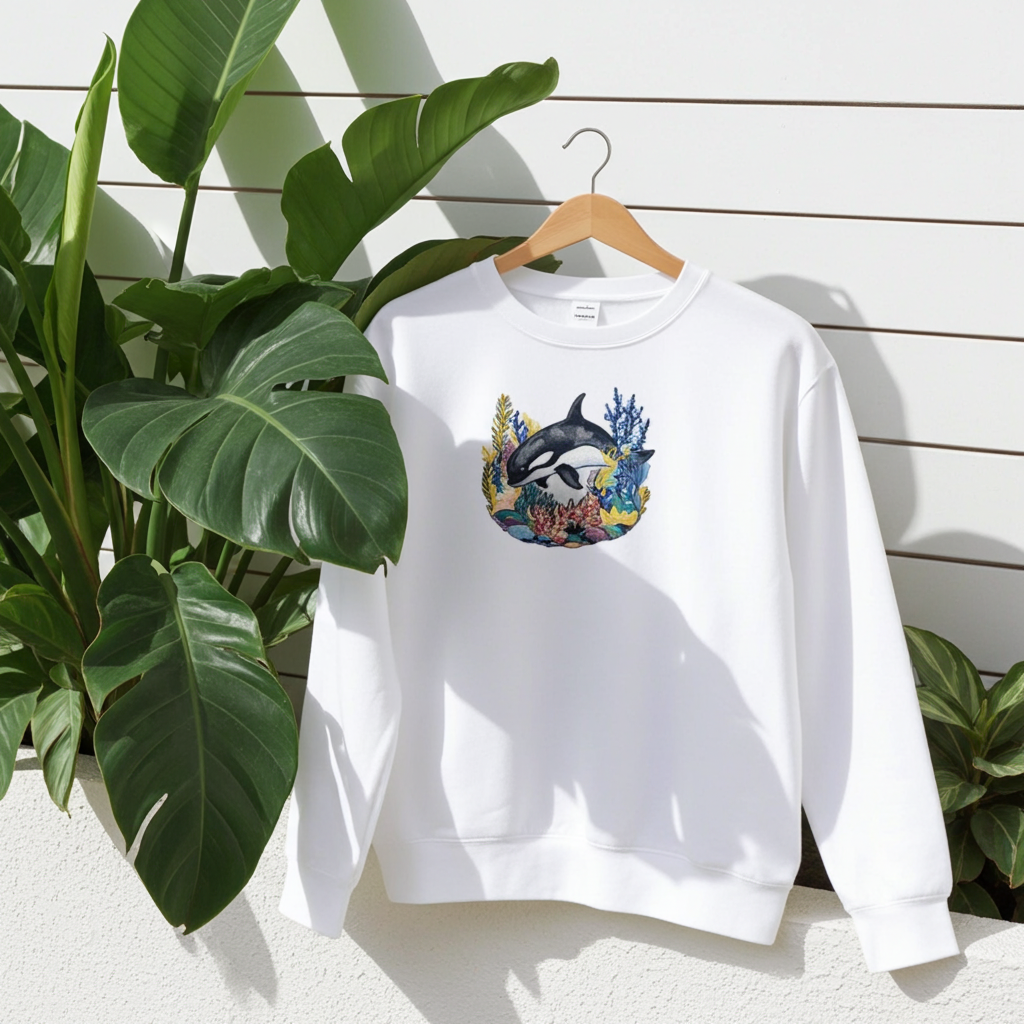 White unisex crewneck sweatshirt with orca and coral embroidery design, hanging on wooden hanger outdoors with green plants background.