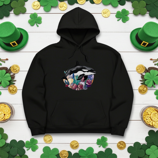 Black premium hoodie with Orca Reef embroidery showing an orca swimming through colorful coral and sea plants, styled on a wooden background with shamrock decorations and gold coins, original EmbroMania artwork.