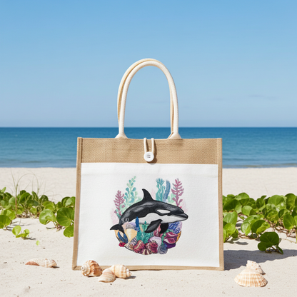 Jute tote handbag featuring an orca swimming above colorful coral and sea plants, photographed on a sandy beach with seashells and the ocean behind.