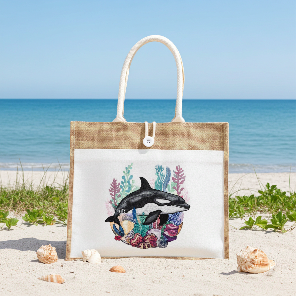 Jute tote handbag featuring an orca swimming above colorful coral and sea plants, photographed on a sandy beach with seashells and the ocean behind.