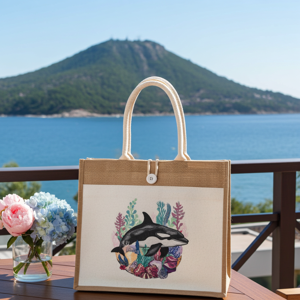 Jute tote handbag featuring an orca swimming above colorful coral and sea plants, photographed on a sandy beach with seashells and the ocean behind.