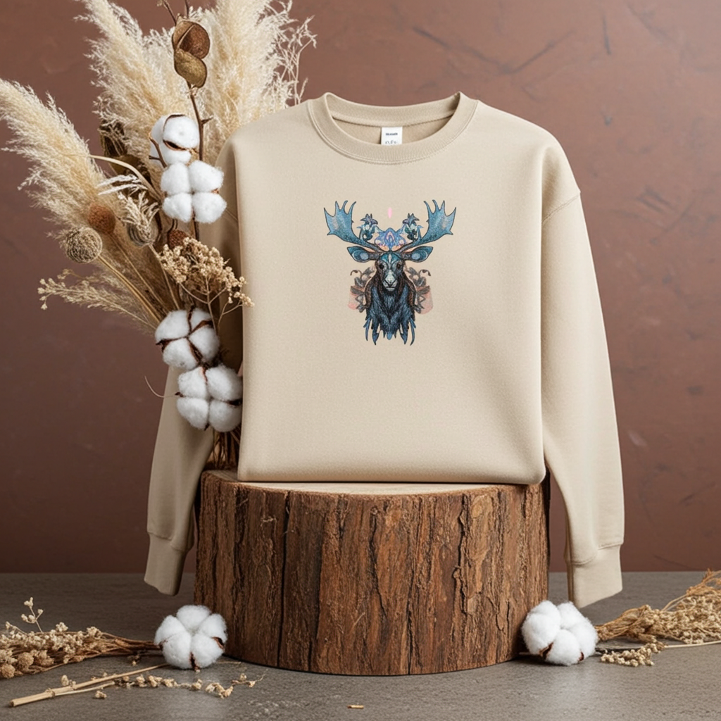 Beige unisex crewneck sweatshirt with ornate blue moose embroidery design, styled on wooden stump with dried florals and cotton stems.