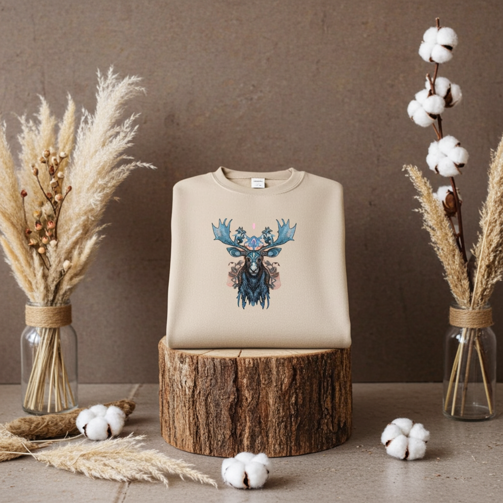 Beige unisex crewneck sweatshirt with ornate blue moose embroidery design, styled on wooden stump with dried florals and cotton stems.