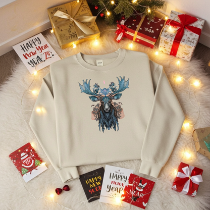 Mint Green unisex crewneck sweatshirt with ornate blue moose embroidery design, flat lay with holiday gifts and warm string lights.