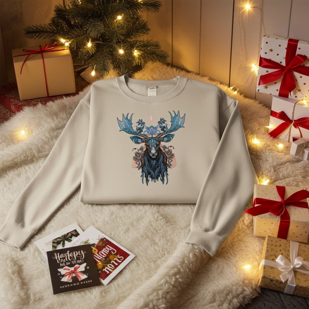 Mint Green unisex crewneck sweatshirt with ornate blue moose embroidery design, flat lay with holiday gifts and warm string lights.