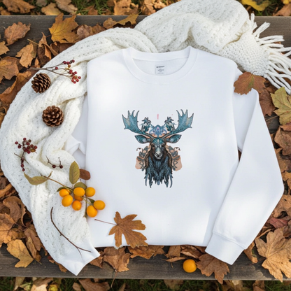 White unisex crewneck sweatshirt with ornate blue moose embroidery design, flat lay on knitted blanket with pinecones, leaves and berries.