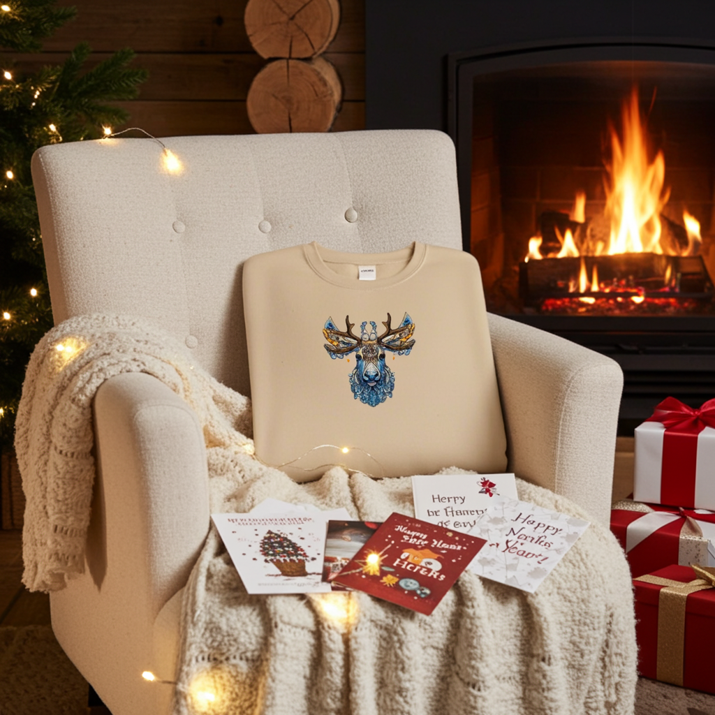 Beige unisex crewneck sweatshirt with ornate blue stag embroidery design, styled by fireplace with holiday gifts, cards and warm lights.