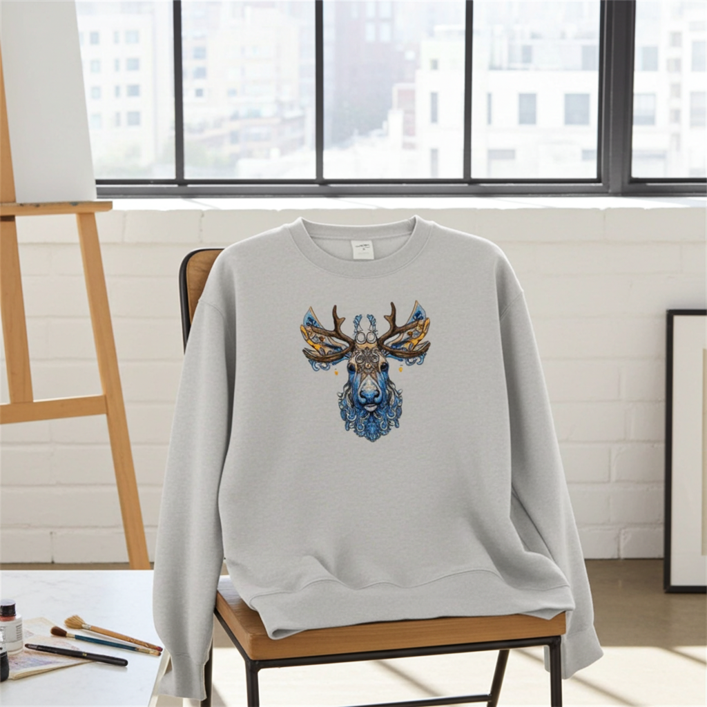 Mint Green unisex crewneck sweatshirt with ornate blue stag embroidery design, styled on chair in bright studio with large window background.