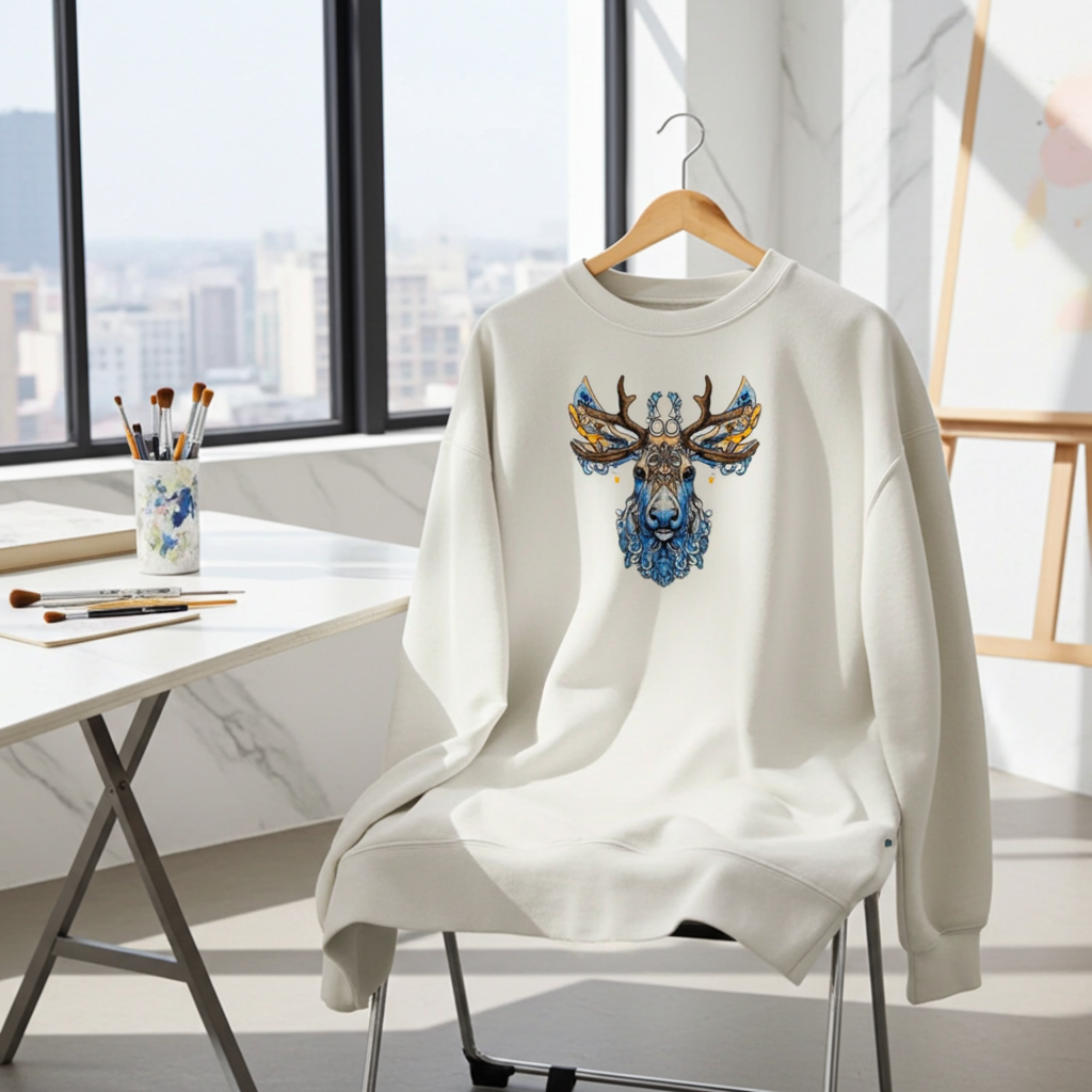 Mint Green unisex crewneck sweatshirt with ornate blue stag embroidery design, styled on chair in bright studio with large window background.