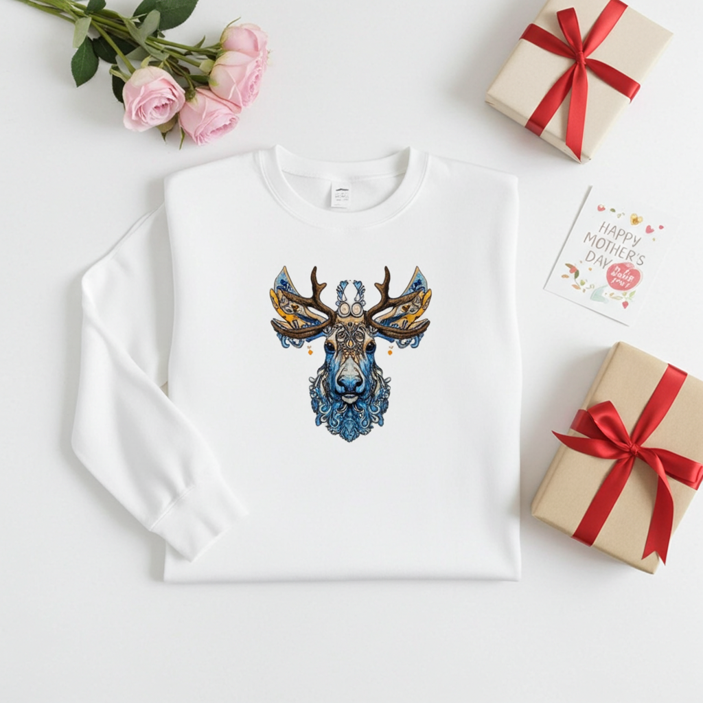 White unisex crewneck sweatshirt with ornate blue stag embroidery design, flat lay with gift boxes, roses and Mother’s Day card.