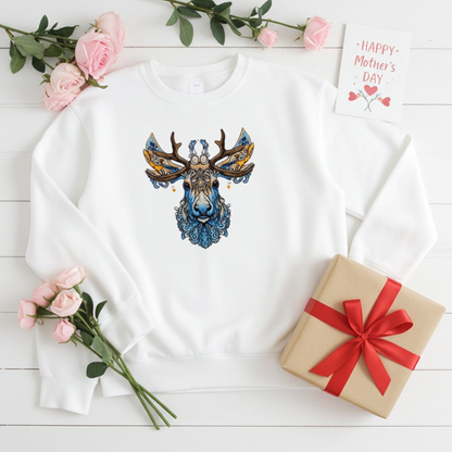 White unisex crewneck sweatshirt with ornate blue stag embroidery design, flat lay with gift boxes, roses and Mother’s Day card.
