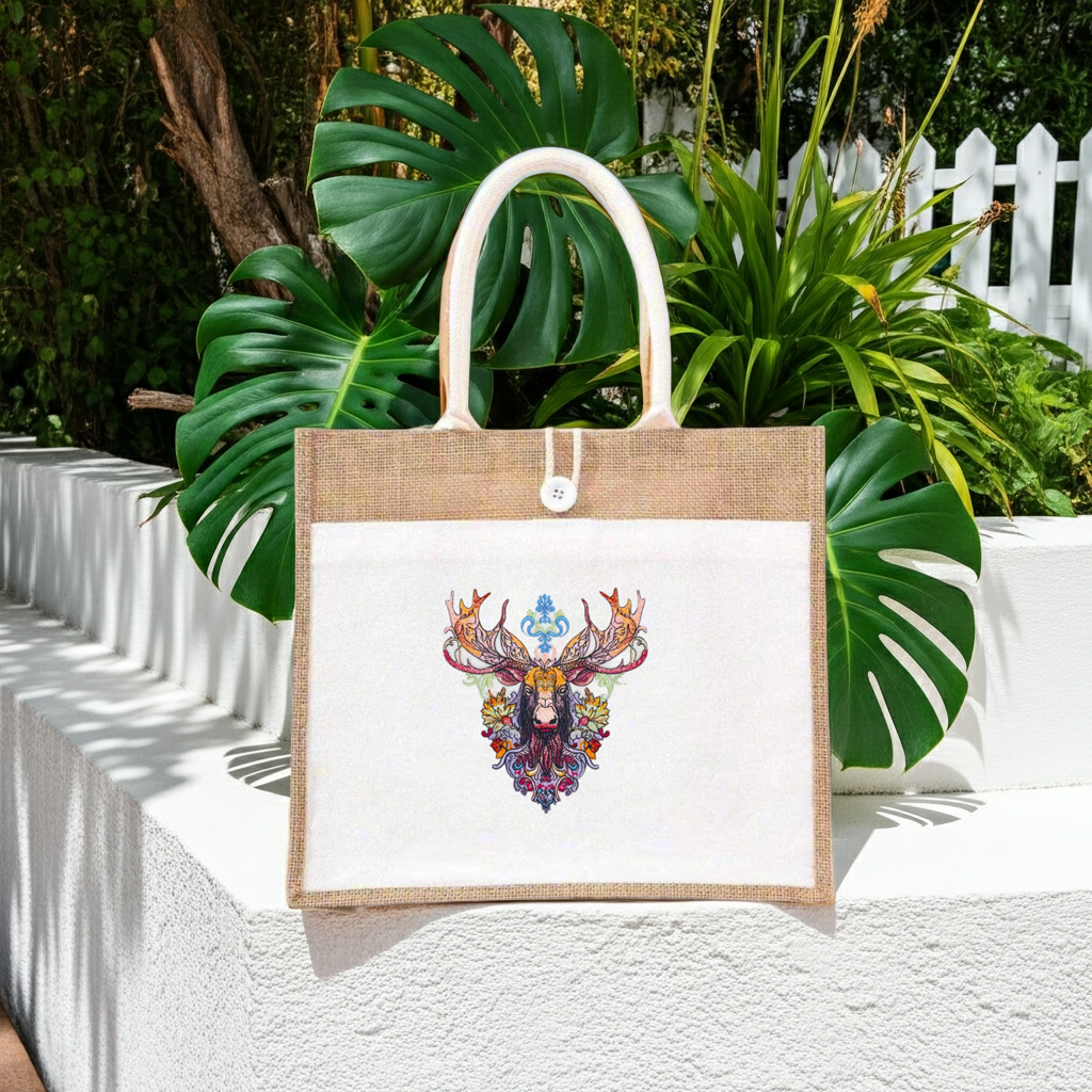 Natural jute tote handbag featuring an ornate floral moose embroidery design, displayed outdoors on a ledge with lush green tropical plants and a white fence in the background.