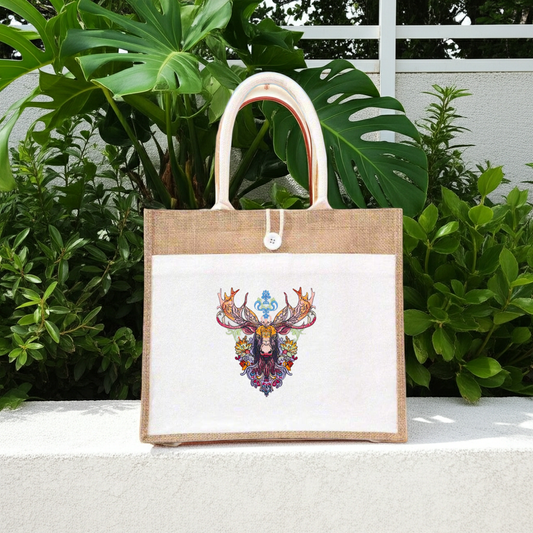 Natural jute tote handbag featuring an ornate floral moose embroidery design, displayed outdoors on a ledge with lush green tropical plants and a white fence in the background.
