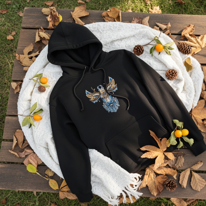 Black premium hoodie with Ornate Moose embroidery featuring intricate blue and gold antlers, styled on a white knit blanket with autumn leaves, pinecones, and small citrus fruits, original EmbroMania artwork.