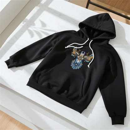 Black premium hoodie with Ornate Moose embroidery featuring intricate blue and gold antlers, laid flat on a white surface in natural light, original EmbroMania artwork.