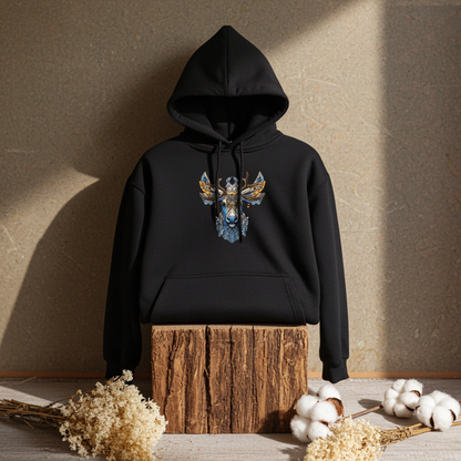 Black premium hoodie with Ornate Moose embroidery featuring intricate blue and gold antlers, styled on a wooden block with dried florals and cotton in warm natural light, original EmbroMania artwork.