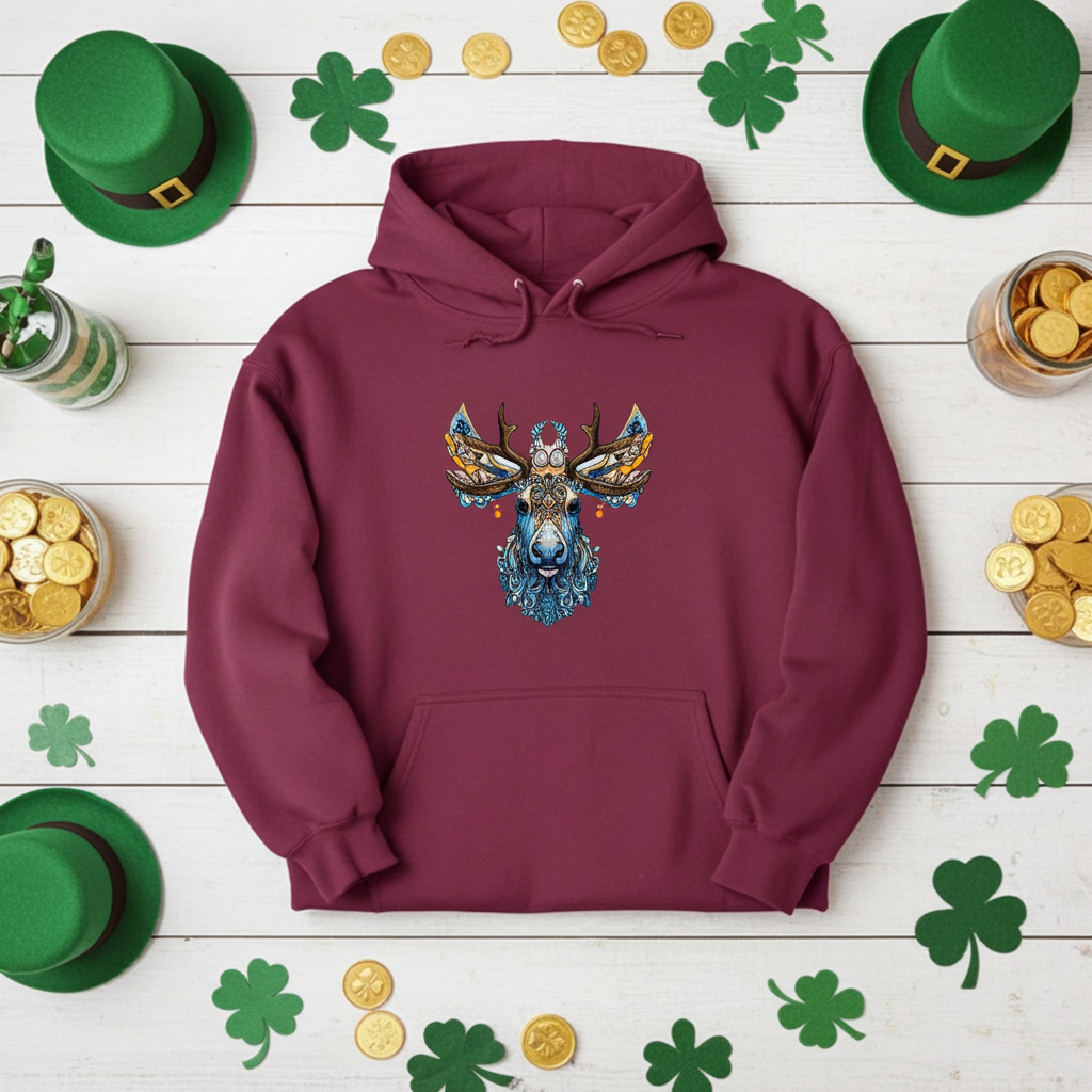 Burgundy premium hoodie with Ornate Moose embroidery featuring intricate blue and gold antlers, styled on a wooden background with shamrock decorations, green hats, and gold coins, original EmbroMania artwork.