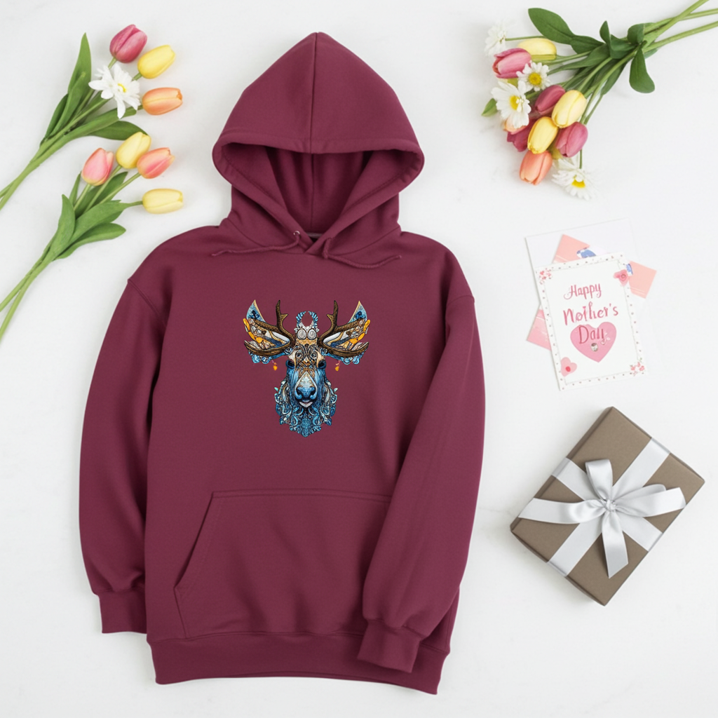 Burgundy premium hoodie with Ornate Moose embroidery featuring intricate blue and gold antlers, styled with tulips, a Mother’s Day card, and a wrapped gift, original EmbroMania artwork.