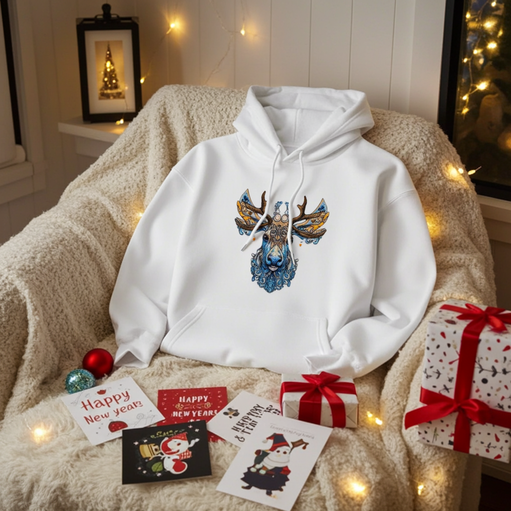 White premium hoodie with Ornate Moose embroidery featuring intricate blue and gold antlers, styled on a cozy blanket with holiday lights, greeting cards, and wrapped gifts, original EmbroMania artwork.