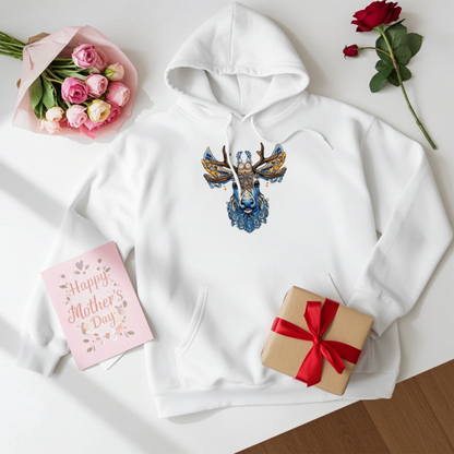 White premium hoodie with Ornate Moose embroidery featuring intricate blue and gold antlers, styled as a Mother’s Day gift with roses, greeting card, and wrapped present, original EmbroMania artwork.