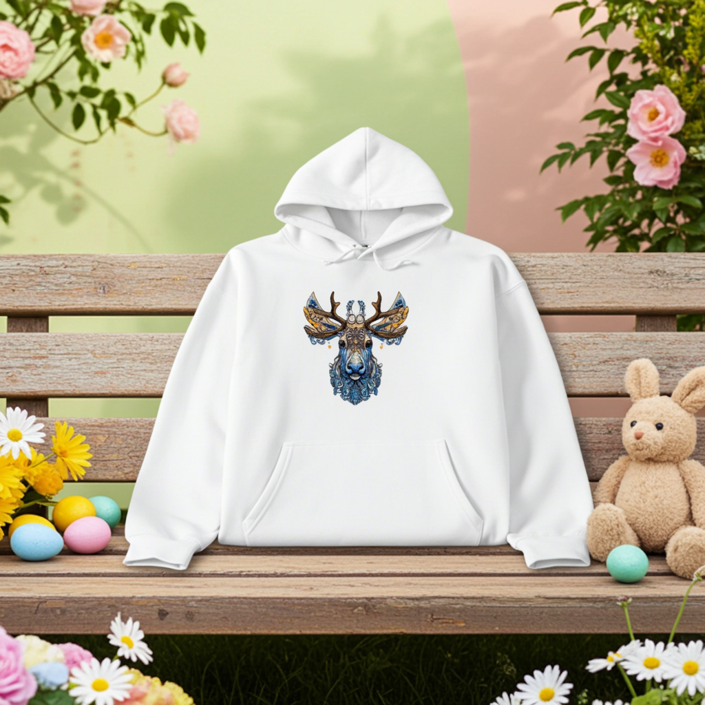 White premium hoodie with Ornate Moose embroidery featuring intricate blue and gold antlers, styled on a wooden bench with spring flowers, pastel eggs, and a plush bunny, original EmbroMania artwork.