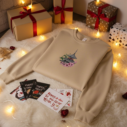 Beige unisex crewneck sweatshirt with pagoda and sakura cherry blossom embroidery design, flat lay with gift boxes, greeting cards and warm fairy lights.