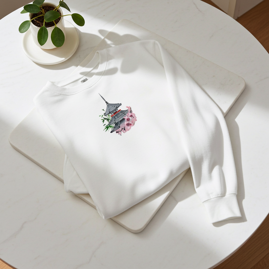 White unisex crewneck sweatshirt with pagoda and sakura cherry blossom embroidery design, flat lay on marble table with plant and soft sunlight.