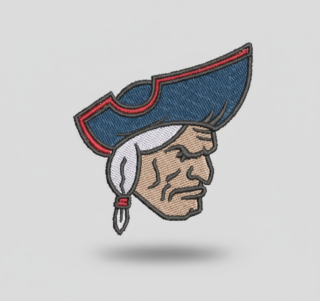 Embroidered patch of a Patriot character with a tricorn hat on a grid background