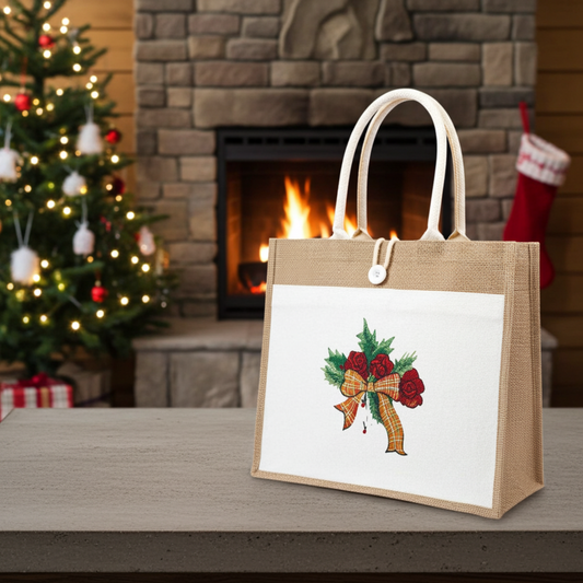 Natural jute tote bag featuring a plaid ribbon and pine sprigs embroidery design, styled indoors with a Christmas tree and lit fireplace in the background