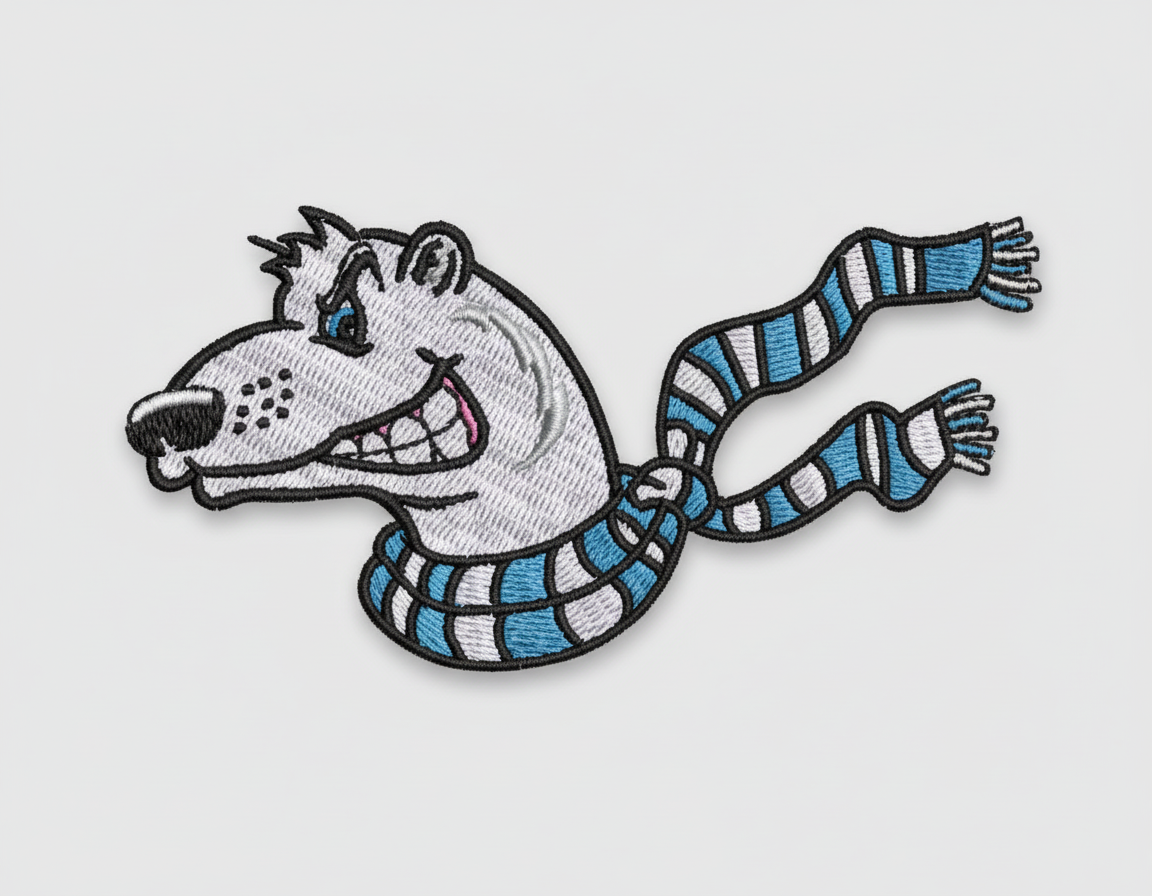 Cartoon polar bear  with a blue and white striped scarf on a grid background