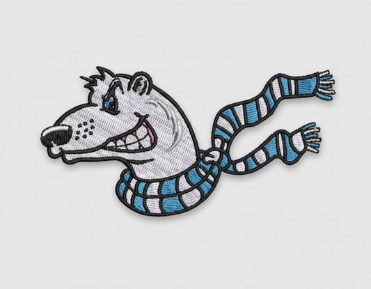 Cartoon polar bear  with a blue and white striped scarf on a grid background