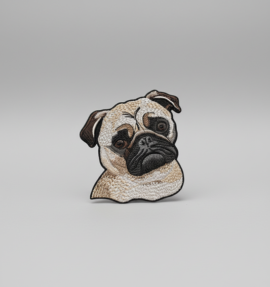 Embroidered pug dog face design on a grid background