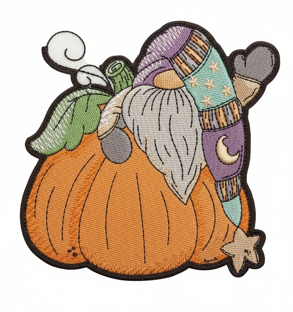 Gnome sitting on a pumpkin with a starry scarf, mittens, and a hat on a white background