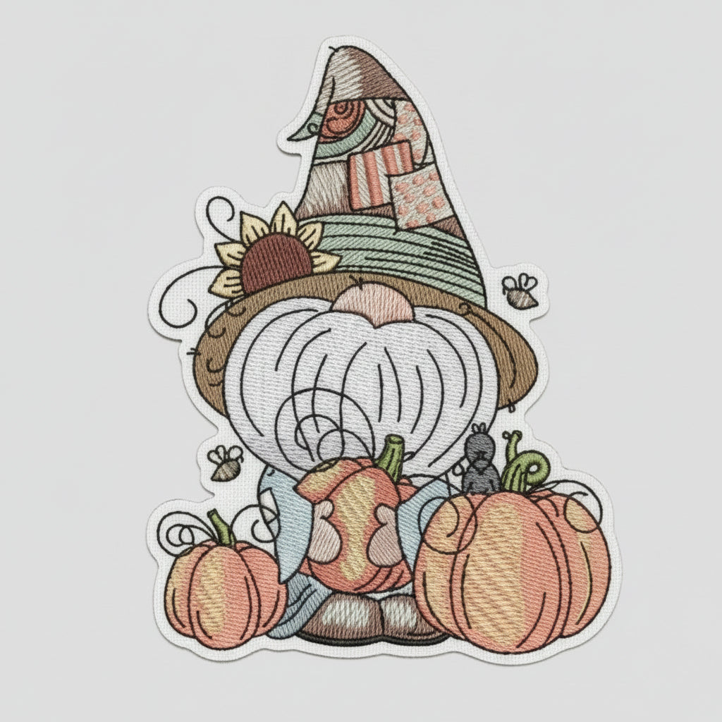 Embroidered design of a gnome with pumpkins and a checkered hat on a white background