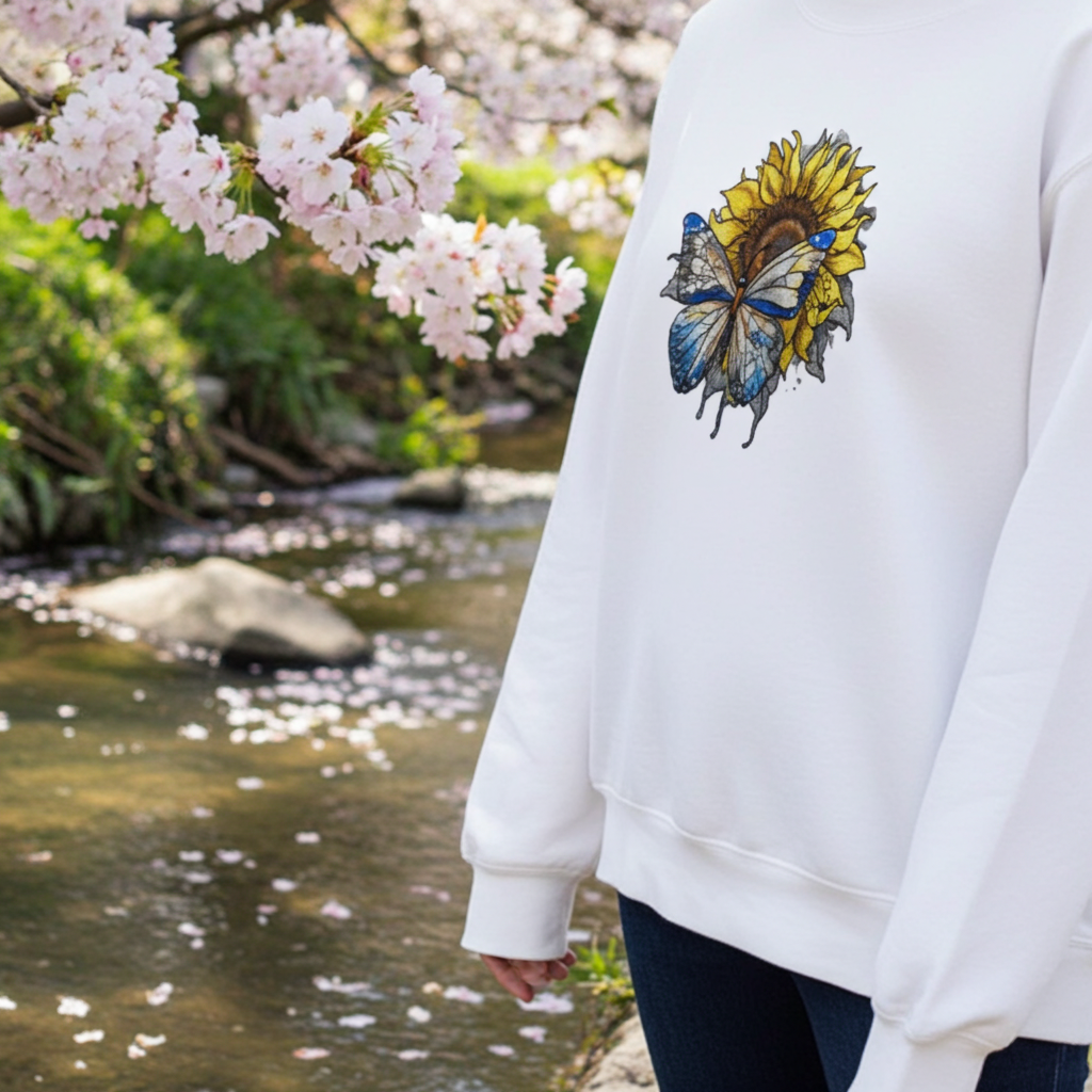 White sweatshirt worn outdoors near a flowing stream and blooming cherry blossoms, featuring detailed blue butterfly and sunflower embroidery on the chest
