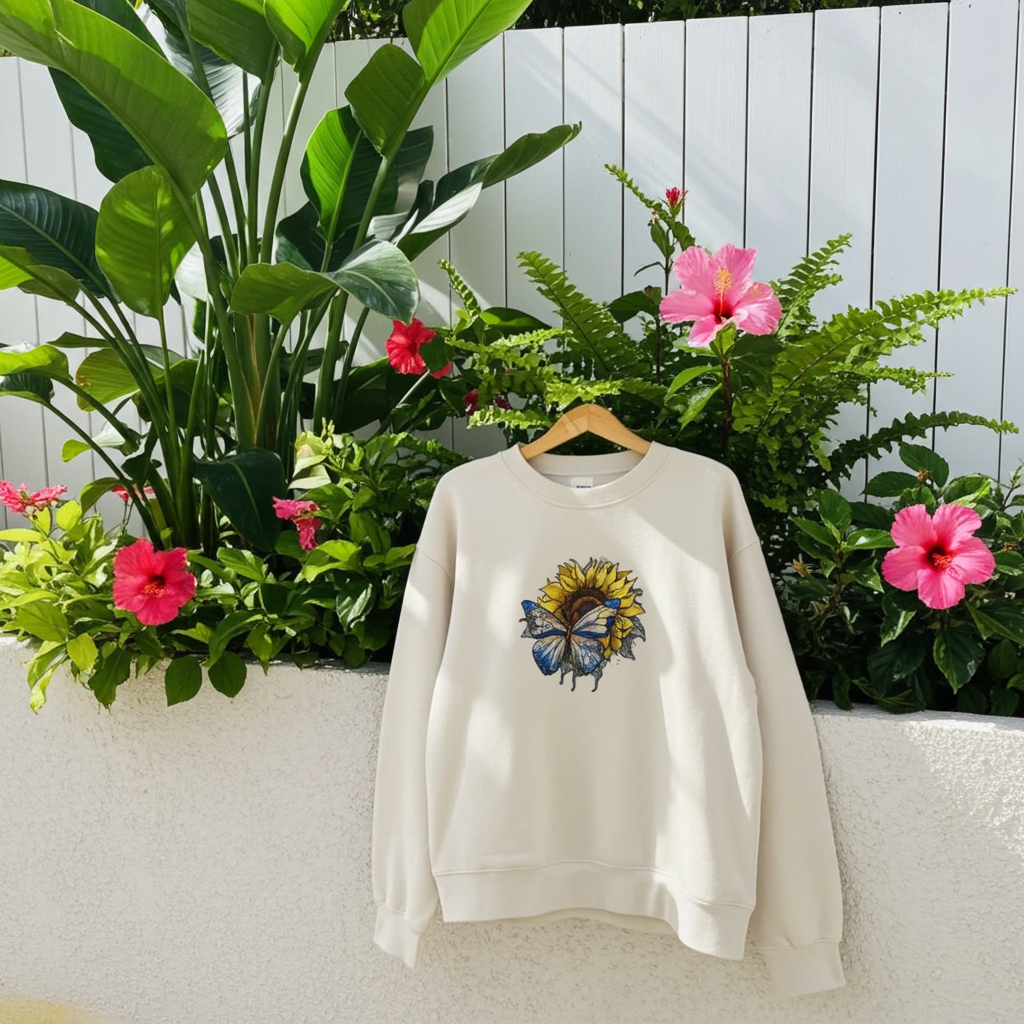 Beige sweatshirt draped on a wooden bench outdoors, featuring blue butterfly and sunflower embroidery on the chest, surrounded by lush green potted plants and a white garden railing.